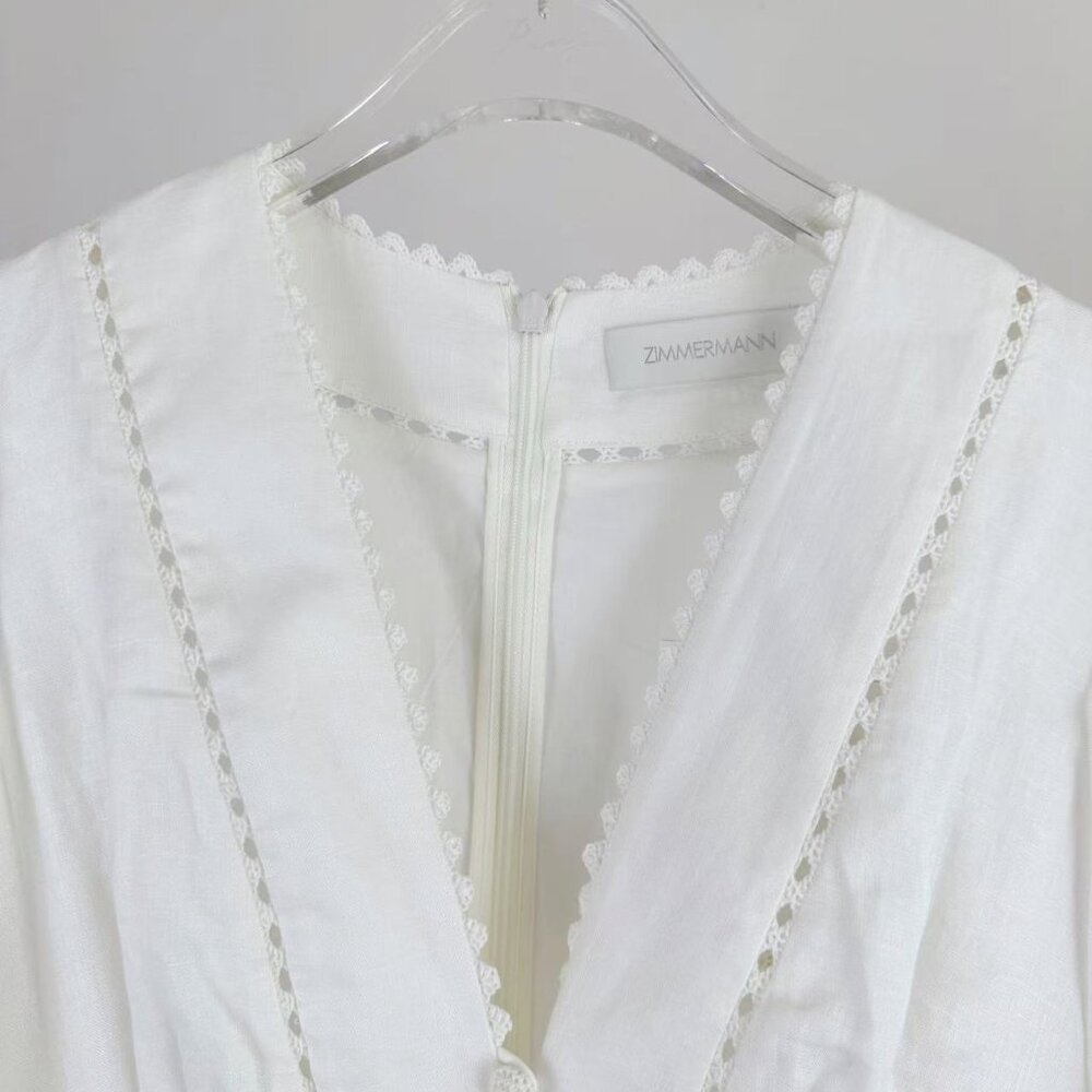 Romantic White Lace Dress: V - Neck, Puff Sleeves & Tiered Skirt - Picture 4 of 8